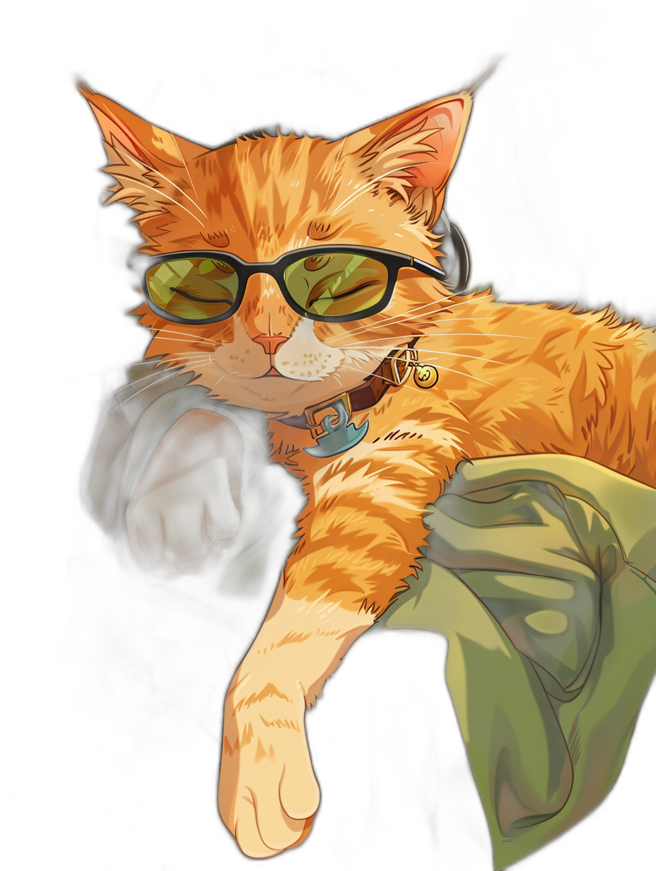 A cartoon drawing of an orange cat wearing black sunglasses and sitting on a lap with green  against a black background in the style of digital art.