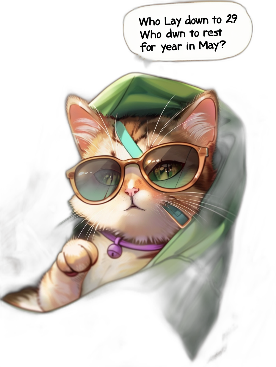 A cute cat with green glasses and an emerald necklace is sitting in a hood, he says “Who lay down to rest for one year? In May”, in the style of cartoon style, in the style of league of legends splash art.