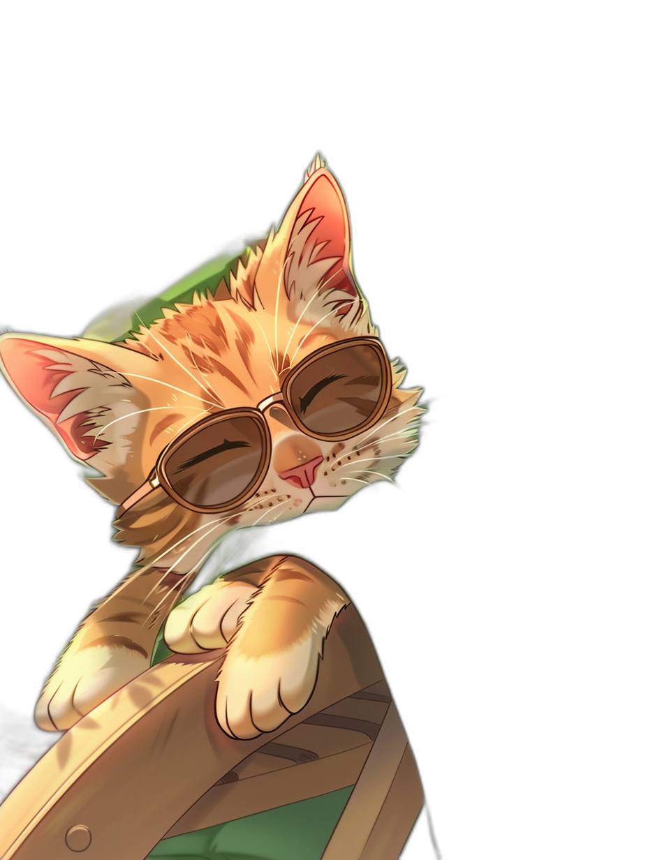 cute ginger cat in sunglasses, Link from The Legend of Zelda as a cute cartoon character, black background, hyper detailed and realistic anime style in the style of an anime artist.