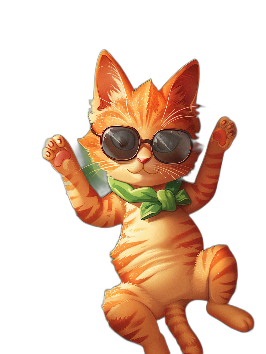 digital art of a cool and fat orange cat, playful character design, wearing sunglasses with a green ribbon around its neck, dancing in the air against a black background, in the style of unknown artist.