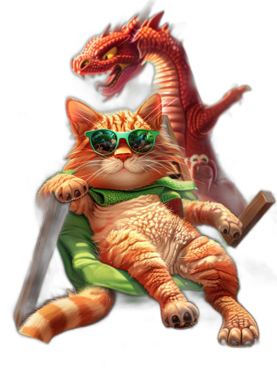 digital art of cool fat orange cat , wearing sunglasses and green shirt, holding wooden sword sitting on the chair with red dragon behinds , black background , chill and happy tone