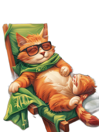 digital art of cool fat orange cat , wear sunglasses and green scarf, lying on the deck chair with black background , wearing tshirt "f/20", by caricature style, playful character design, bright color palette, high contrast, digital painting, natural light