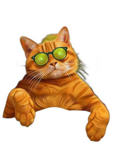 digital art of a cute orange cat, wearing sunglasses in a funny pose and expression, against a black background, with chill vibes.