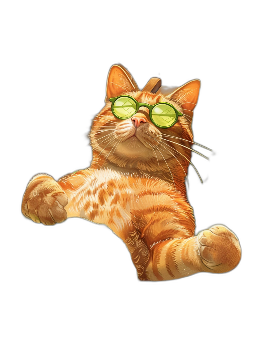 illustration of an orange cat with green glasses, lying on its back and looking up at the sky, isolated black background, full body, cute, adorable, high resolution, highly detailed