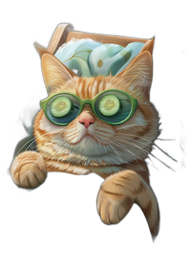 Illustration of an orange cat with green glasses and cucumber in its eyes, lying inside a box looking down at the viewer against a black background, in the style of a high resolution, highly detailed cartoon style.