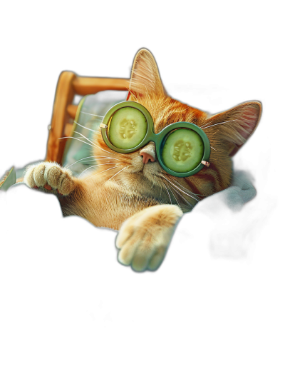 A ginger cat wearing sunglasses with cucumber slices on his eyes, lying in an armchair against a black background, in the style of hyper realistic photography.