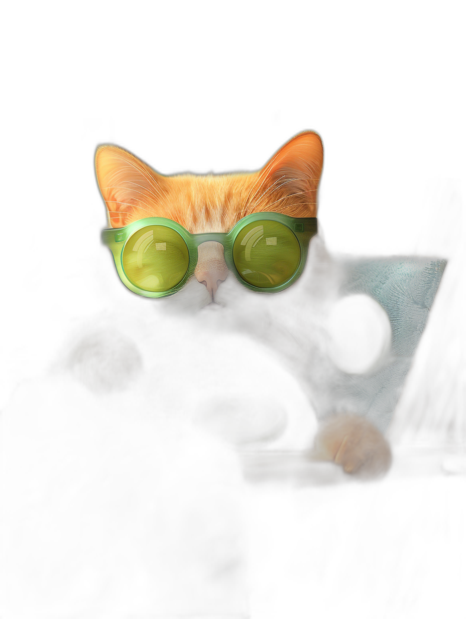 An orange cat with green glasses sitting in front of the computer, dark background, photorealistic, cute, hyper realistic, in the style of cinematic