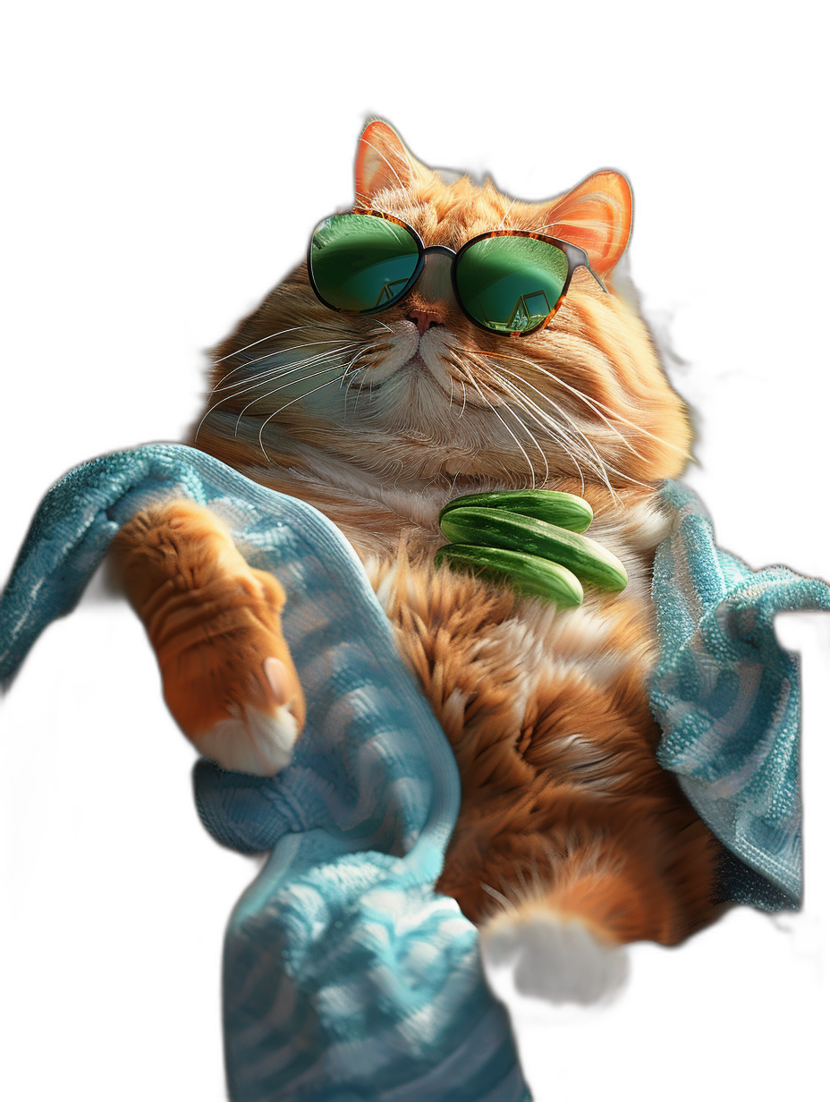 smiling fat orange cat with green sunglasses, holding towel and cucumber on black background, hyper realistic photography