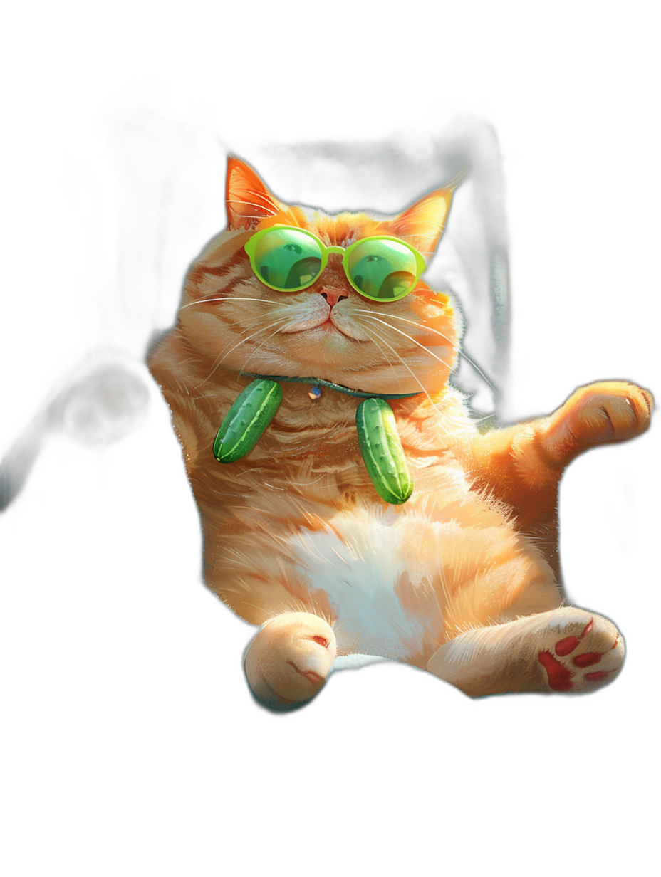 A photo of an orange cat with green sunglasses and cucumber around its neck, lying on the car seat in front view, black background, cute, funny, high definition photography, realistic, cute