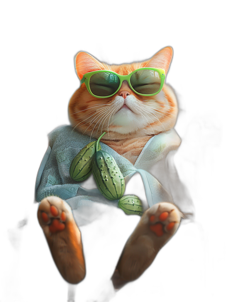 A cute orange cat, wearing green sunglasses and light blue  with cucumber on it, sitting upright in the air like one of famous people photography, black background, hyper realistic, full body shot in the style of famous people photography.