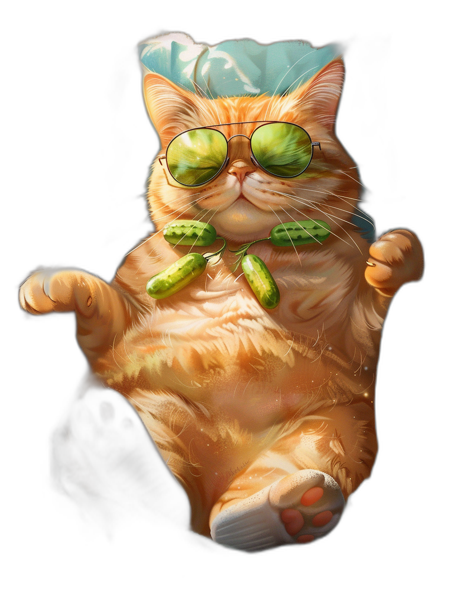 digital art of cute fat orange cat , wearing sunglasses and green neckless, hand up in the air with black background , chilling happy and funny