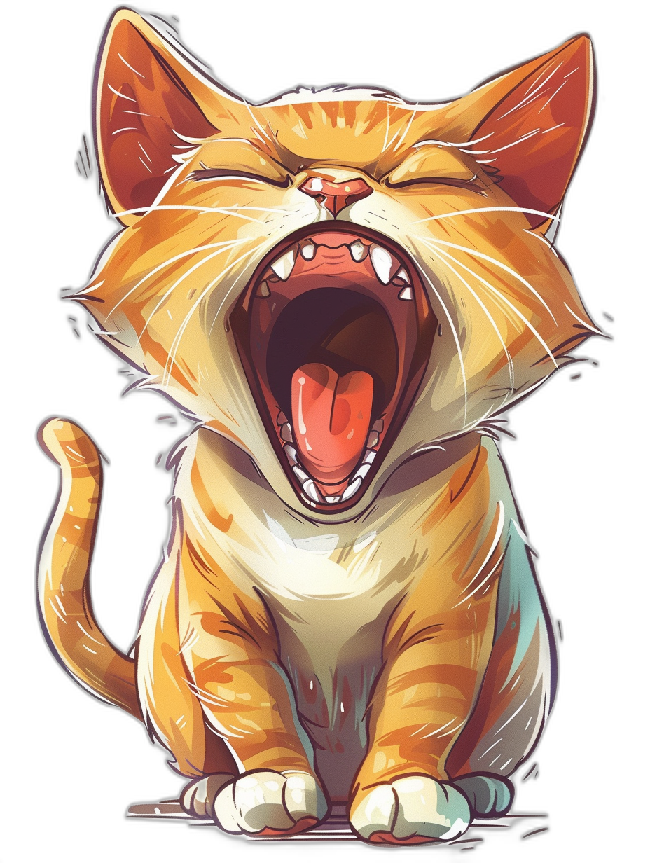 vector design of an extremely cute cat laughing and roaring, isolated on black background, anime style