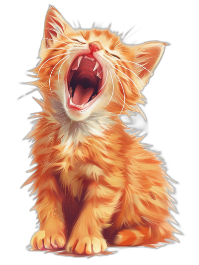 A cute orange cat with its mouth open yawning and showing its teeth, in the digital art style with a black background.