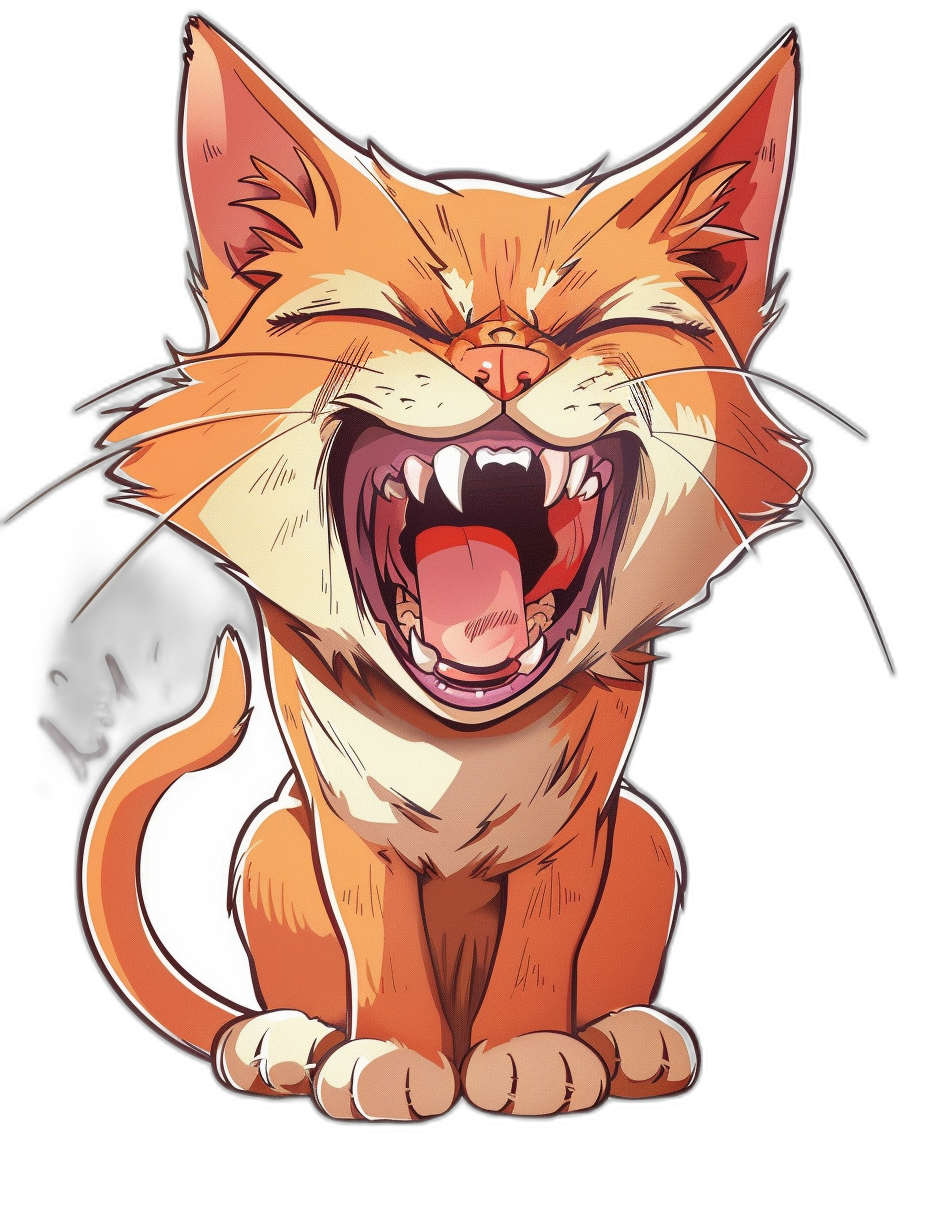 A cartoon cat laughing with its mouth open, vector sticker design on a black background, full body, in the style of anime, colorful, hyper detailed, high resolution, masterpiece.