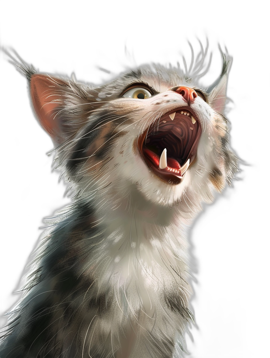 A cat is howling with its mouth open, showing teeth, cute, full body portrait, black background, digital art by [Krenz Cushart](https://goo.gl/search?artist%20Krenz%20Cushart), concept design, character design, ultra-detailed, digital painting, natural light, high resolution, hyper-realistic, cinematic lighting, sharp focus, hyper detail rendering