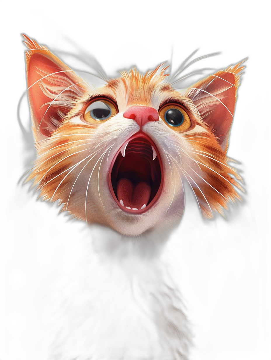 front view of a cute cat with its mouth open, in the style of Disney, on a black background, digital artwork