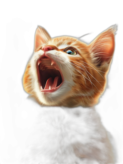 digital art of cute kitten , screaming with wide open mouth, black background , front view angle , high contrast lighting , soft pastel color theme , hyper realistic oil painting style