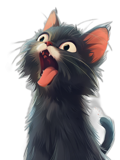 black cat cartoon style with open mouth and tongue out, vector art, in the style of Disney Pixar, black background, very detailed, digital painting, artstation