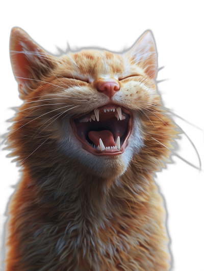 A cute orange cat laughing with its mouth open, showing sharp teeth against a black background. The hyper-realistic illustration is in the style of octane render with bright colors and a close-up of the head and shoulders. The high resolution digital art shows high detail with studio lighting.