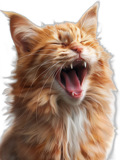 photorealistic, happy cat with mouth open and tongue out, ginger mainecoon style, black background, digital art