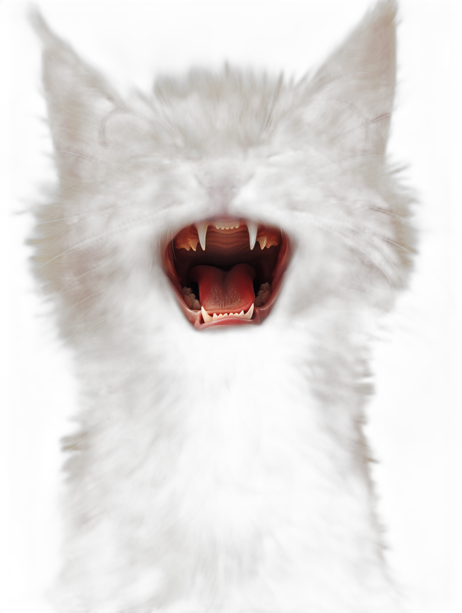 realistic digital illustration of an angry cat, mouth open and showing teeth, on a pure black background, in a hyper realistic style