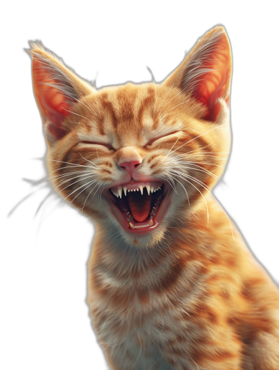 A cute orange cat laughing in the style of hyper-realistic illustration, on a pure black background, with super realistic and detailed rendering in a close-up of the head showing sharp teeth, with studio lighting and natural light, at high resolution with super-detailed and high-end quality.