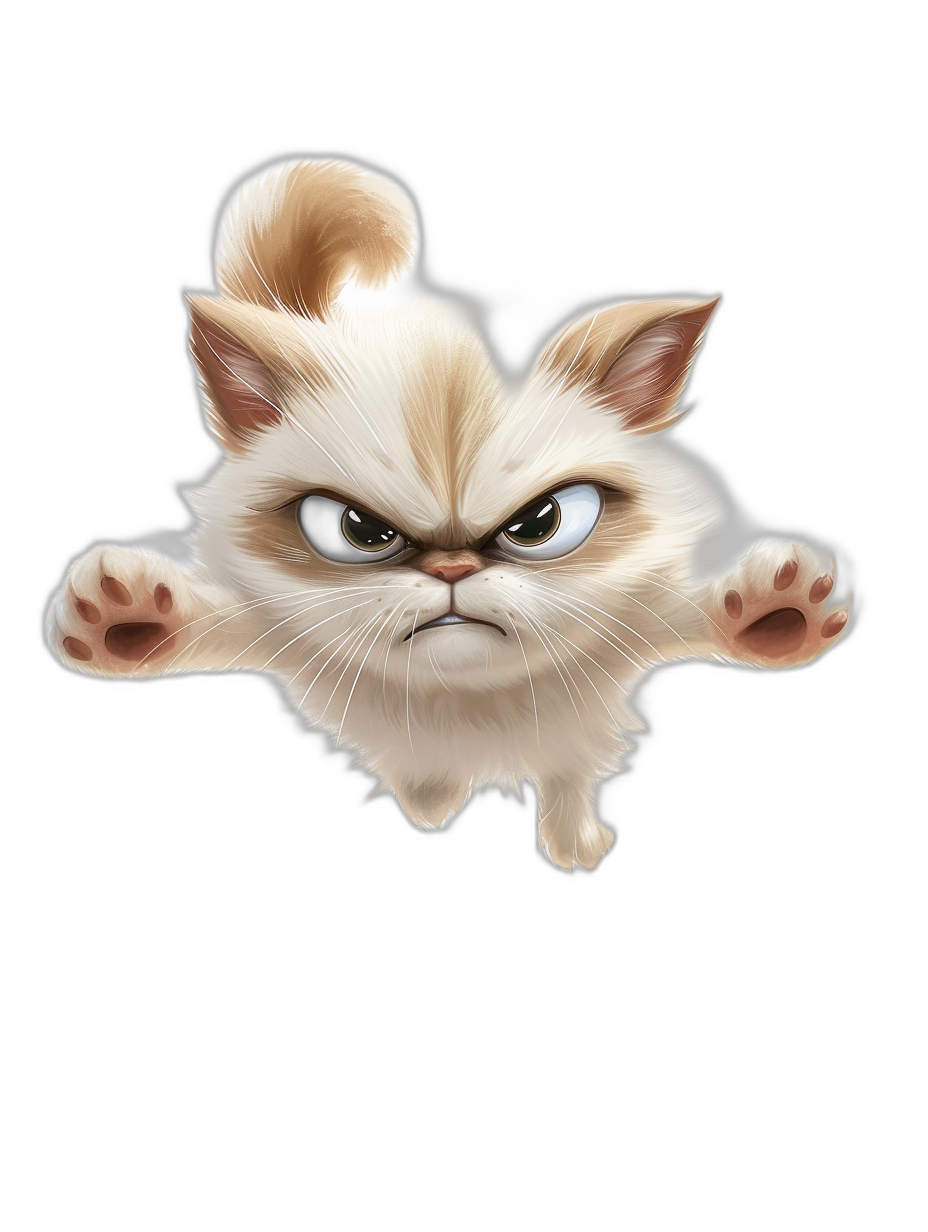 funny cartoon illustration of an angry cat jumping in the air, isolated on black background, by [Artgerm](https://goo.gl/search?artist%20Artgerm) and [Skottie Young](https://goo.gl/search?artist%20Skottie%20Young), white border