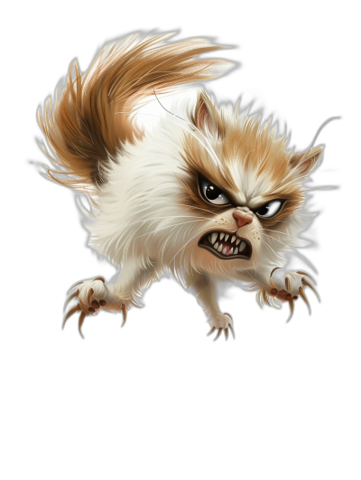 a full body caricature of an angry cat with white fur and brown hair, in the air, isolated on black background, cartoon style, vector art illustration, big head and small eyes, long tail with claws. In fantasy, dnd character design style.