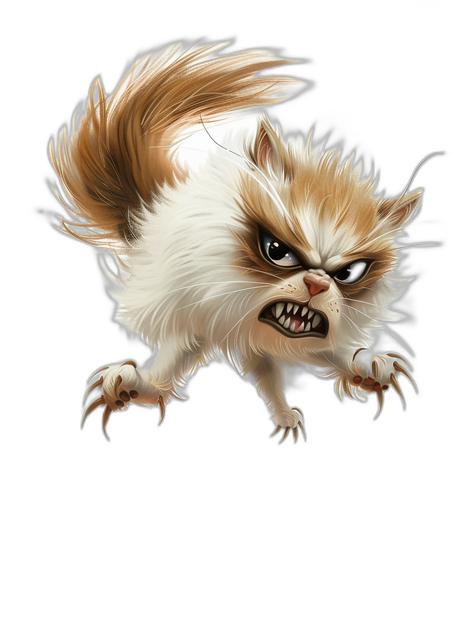 a full body caricature of an angry cat with white fur and brown hair, in the air, isolated on black background, cartoon style, vector art illustration, big head and small eyes, long tail with claws. In fantasy, dnd character design style.