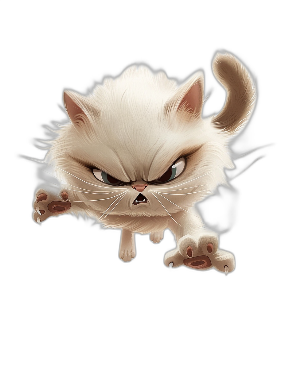 A cute white cat with an angry expression, jumping up and down in the air. The illustration is in the style of vector art with a black background. The cat is depicted in a cartoon chibi character design with a full body shot. The digital art is high resolution, high quality and high detail.