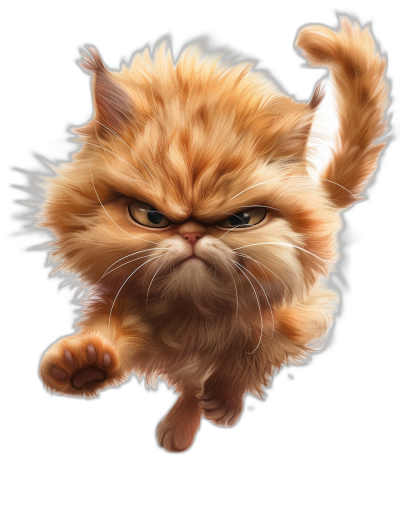 A cute persian cat, jumping up with an angry expression, with sharp eyes and claws., high resolution,, black background, hyper realistic game art