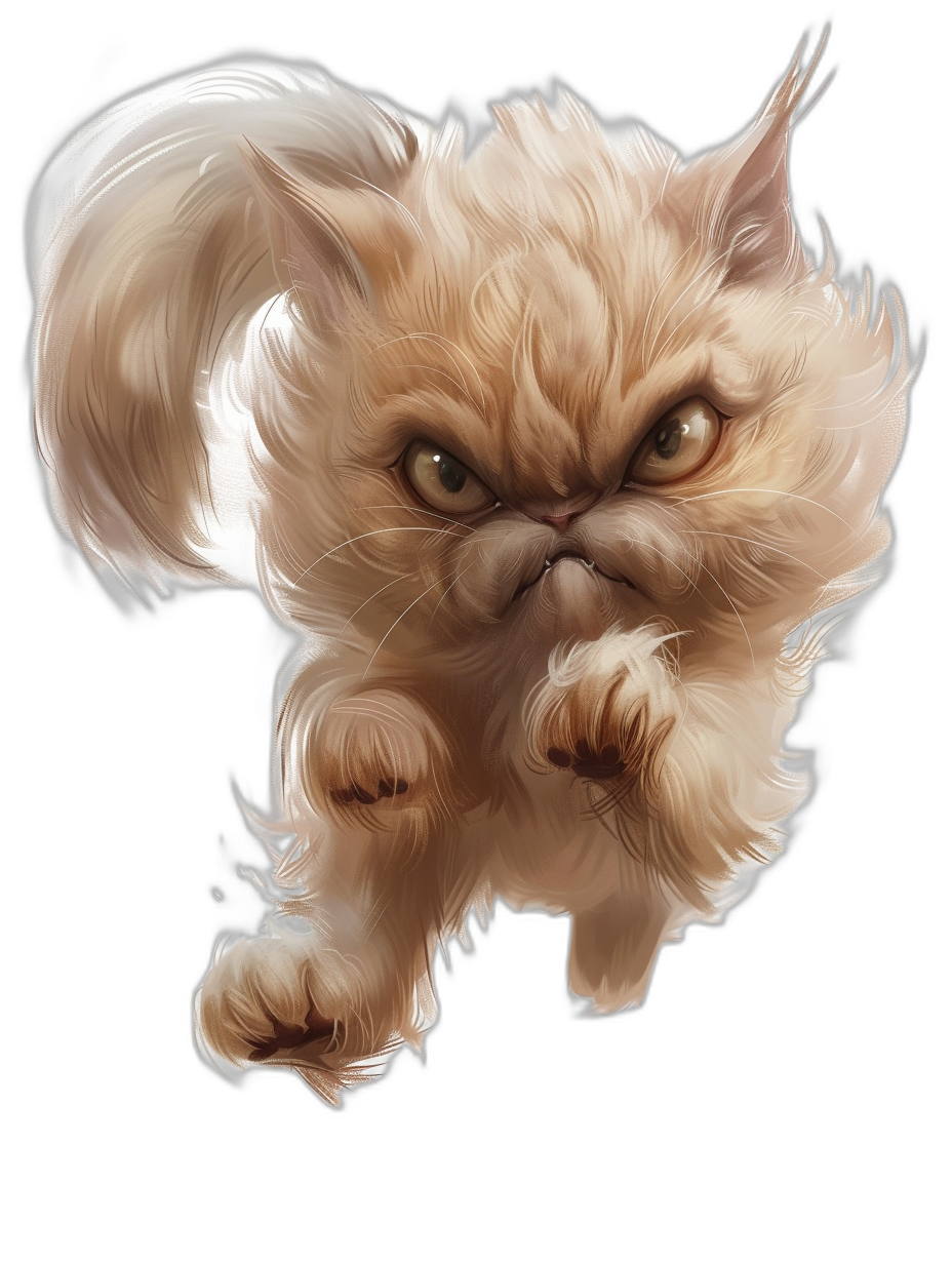 cartoon style, digital art of an angry persian cat jumping at the camera, isolated on a black background, in high resolution. The artwork is in the style of an unknown digital artist.