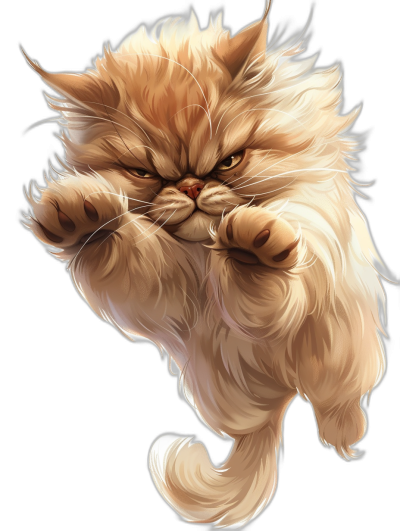 A Persian cat with long hair is jumping. It has an angry facial expression against a black background. The art style is fantasy and cartoon realism, suitable for a children's book cover illustration. The cat has white and beige fur and was drawn in a hyper realistic style with high detail, resolution, contrast and sharpness using vector graphics and digital art.