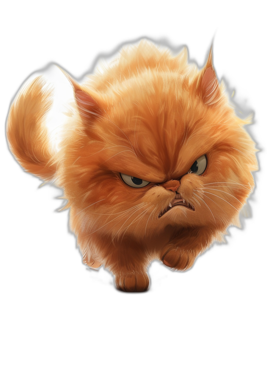 grumpy orange cat, angry, puffy fur, black background, vector art, cartoon, in the style of Pixar