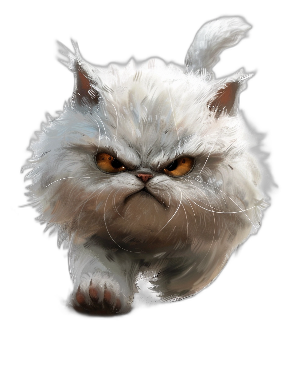 A white Persian cat with an angry expression leaps into the air against a black background in a digital painting in the style of dungeons and dragons.