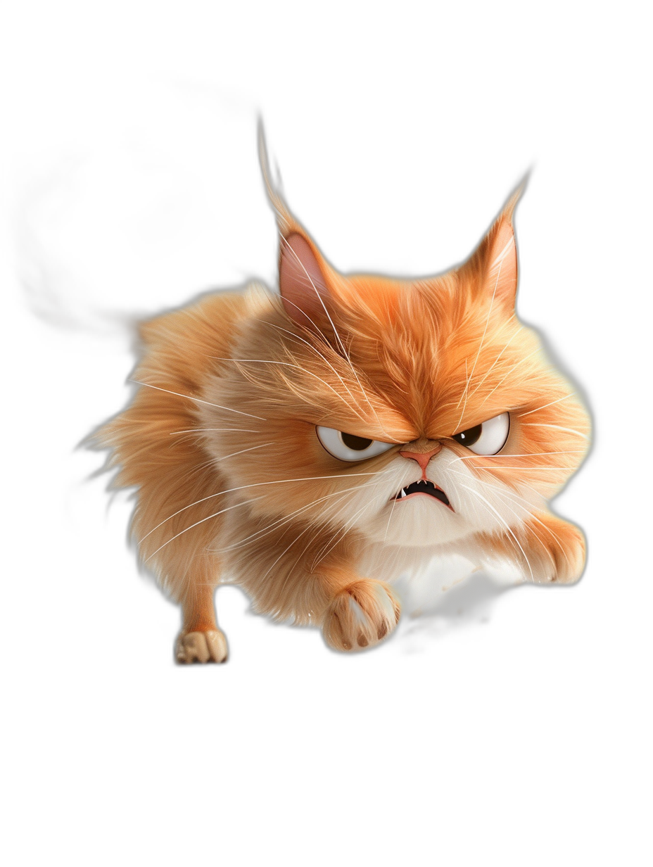 grumpy orange cat jumping, angry face, pixar style, cartoon character on black background, high resolution