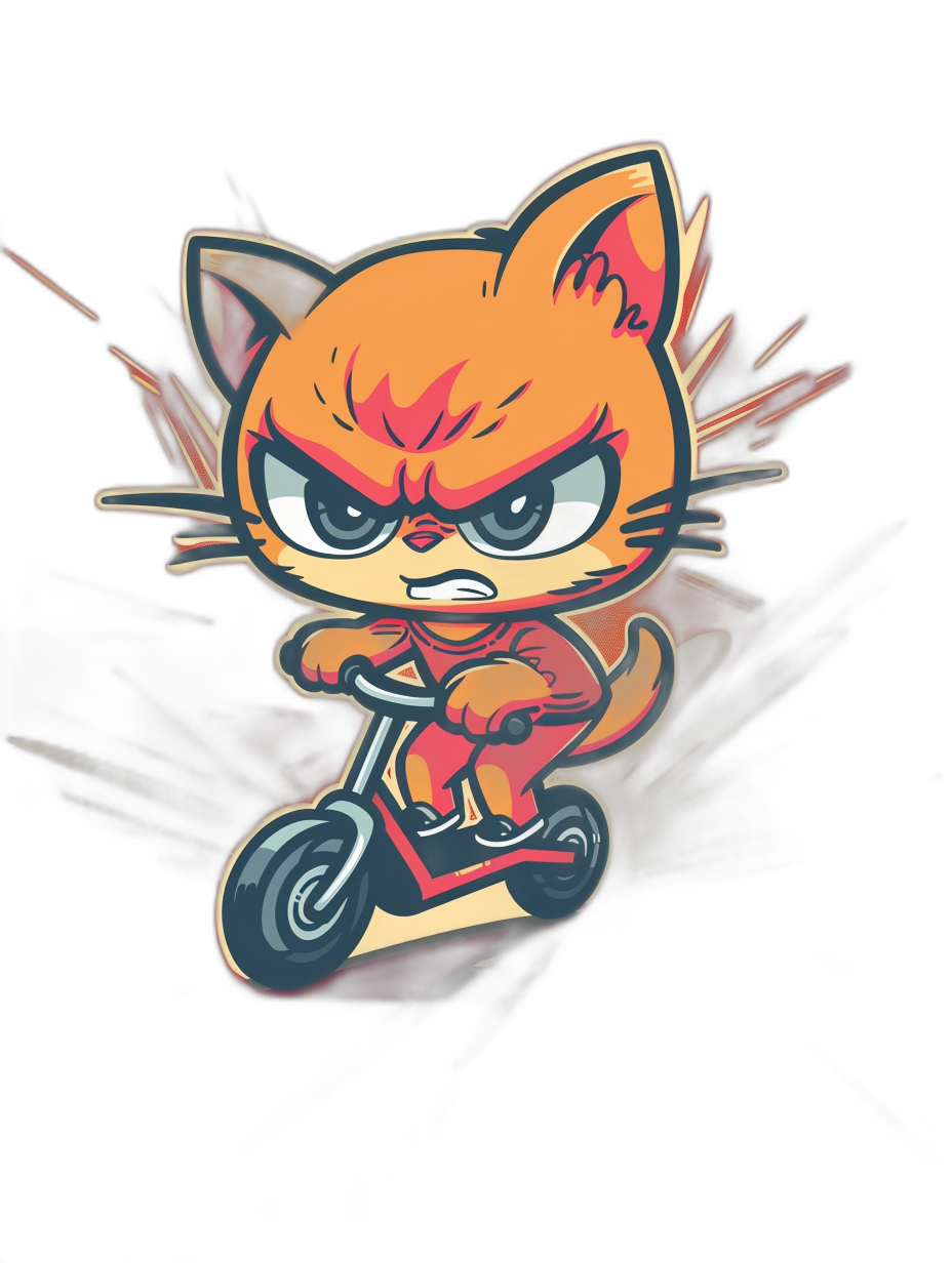 Cute chibi cat character riding on an electric scooter in a dynamic pose. Vector design in the style of a sticker with a black background and red and orange color theme. Lightning effect with high contrast lighting and sharp focus on the detailed digital illustration. High resolution art.