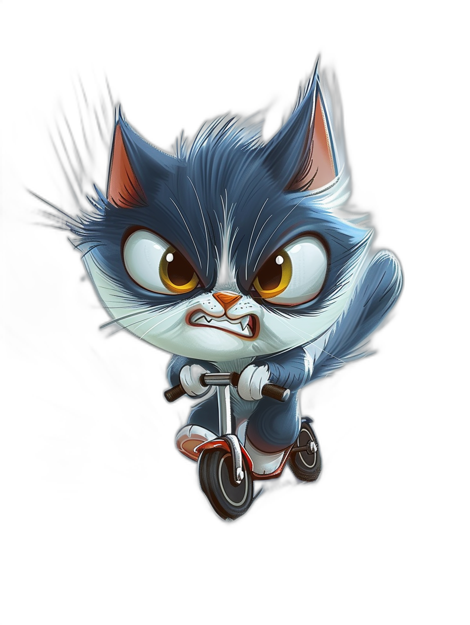 cute chibi blue cat on scooter, angry face with fangs and big eyes in the style of Pixar, cartoon character concept art, black background