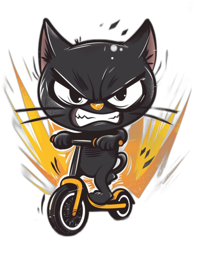 t-shirt design, black background, cute chibi cat riding an electric scooter with angry face expression, dynamic and epic scene