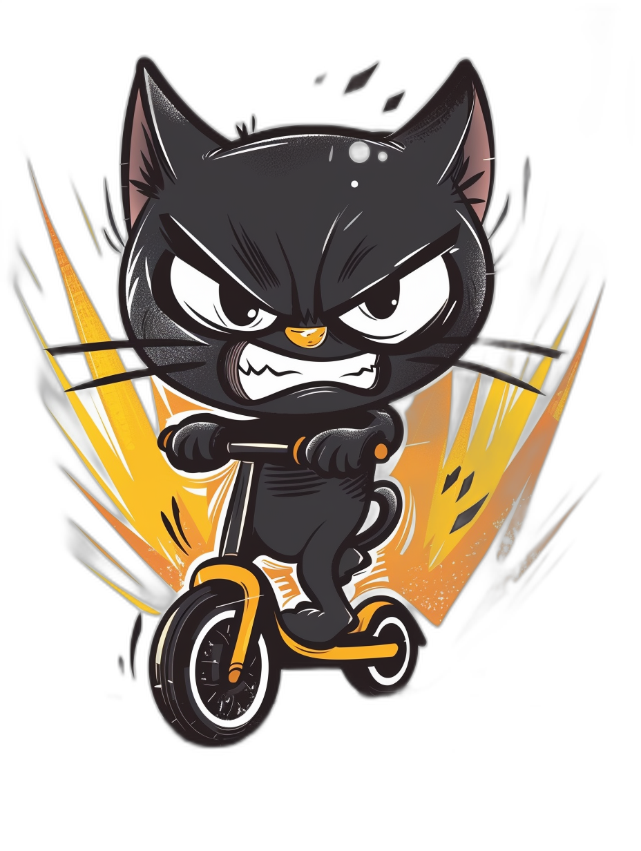 t-shirt design, black background, cute chibi cat riding an electric scooter with angry face expression, dynamic and epic scene