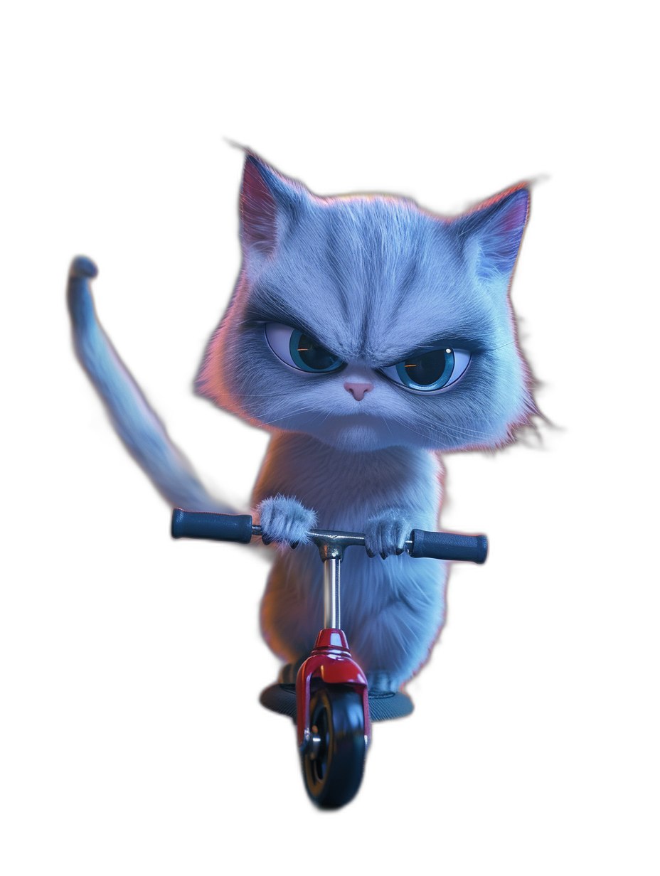 3D cute fluffy cat character with blue eyes riding scooter in the style of Pixar, angry face, black background, in the style of Pixar.