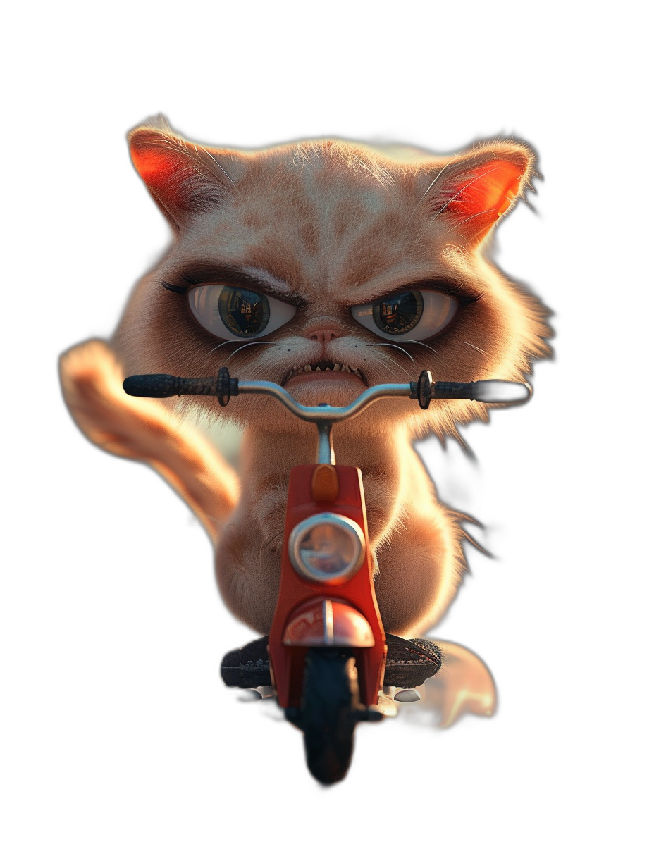 A cute grumpy cat riding on an e-scooter, 3D render style, black background, hyper realistic, high resolution, high details, high quality in the style of 3D render.