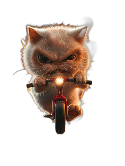 front view of a cute persian cat with an angry face riding on a bike, in the style of cartoon, black background, hyper realistic game art, pixar quality