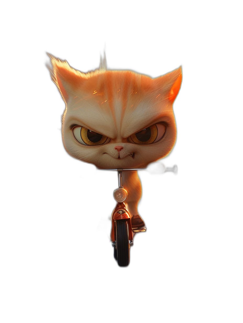 grumpy orange cat riding scooter, 3D render, in the style of Pixar, black background, cute, character design, chibi