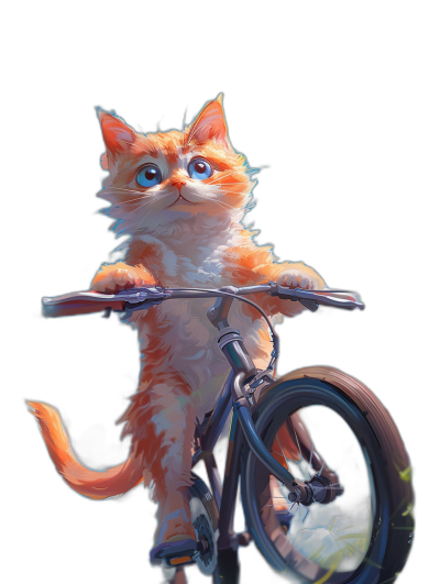 Cute orange cat riding on a bicycle against a black background in the style of Pixar studio's style, fantasy digital painting trending on Artstation and cgsociety, full body portrait, high resolution, high detail, sharp focus, studio photo.