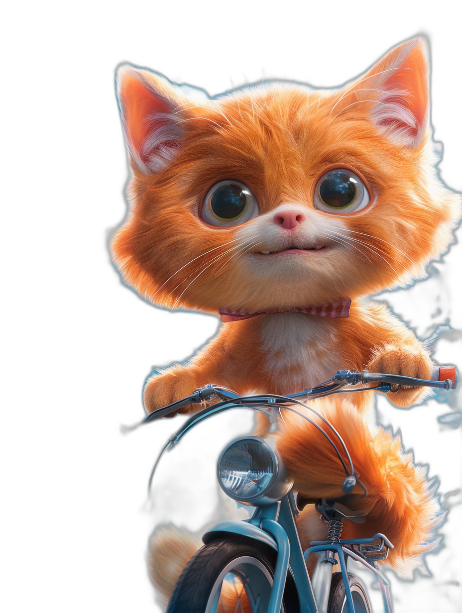 A cute orange cat riding on a bike, with big eyes and a furry texture, on a black background, in the style of high definition photography, in the style of Pixar.