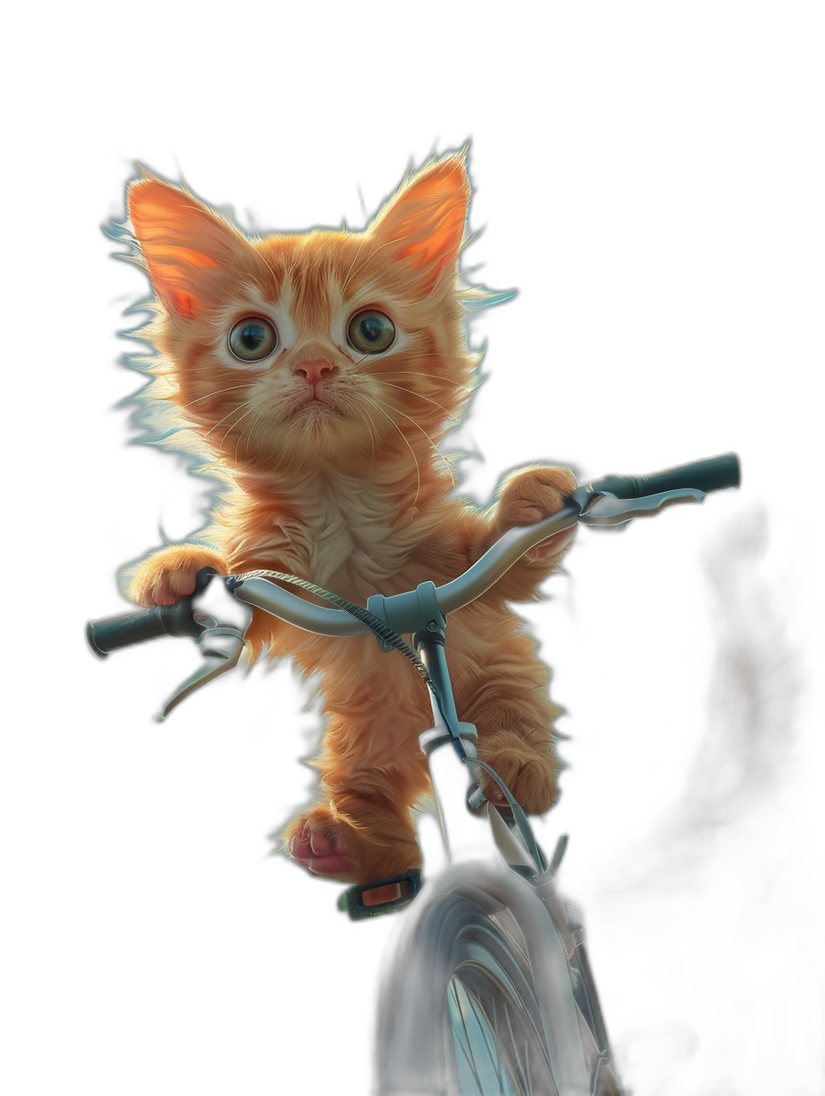 photorealistic cute ginger kitten riding bicycle, on black background