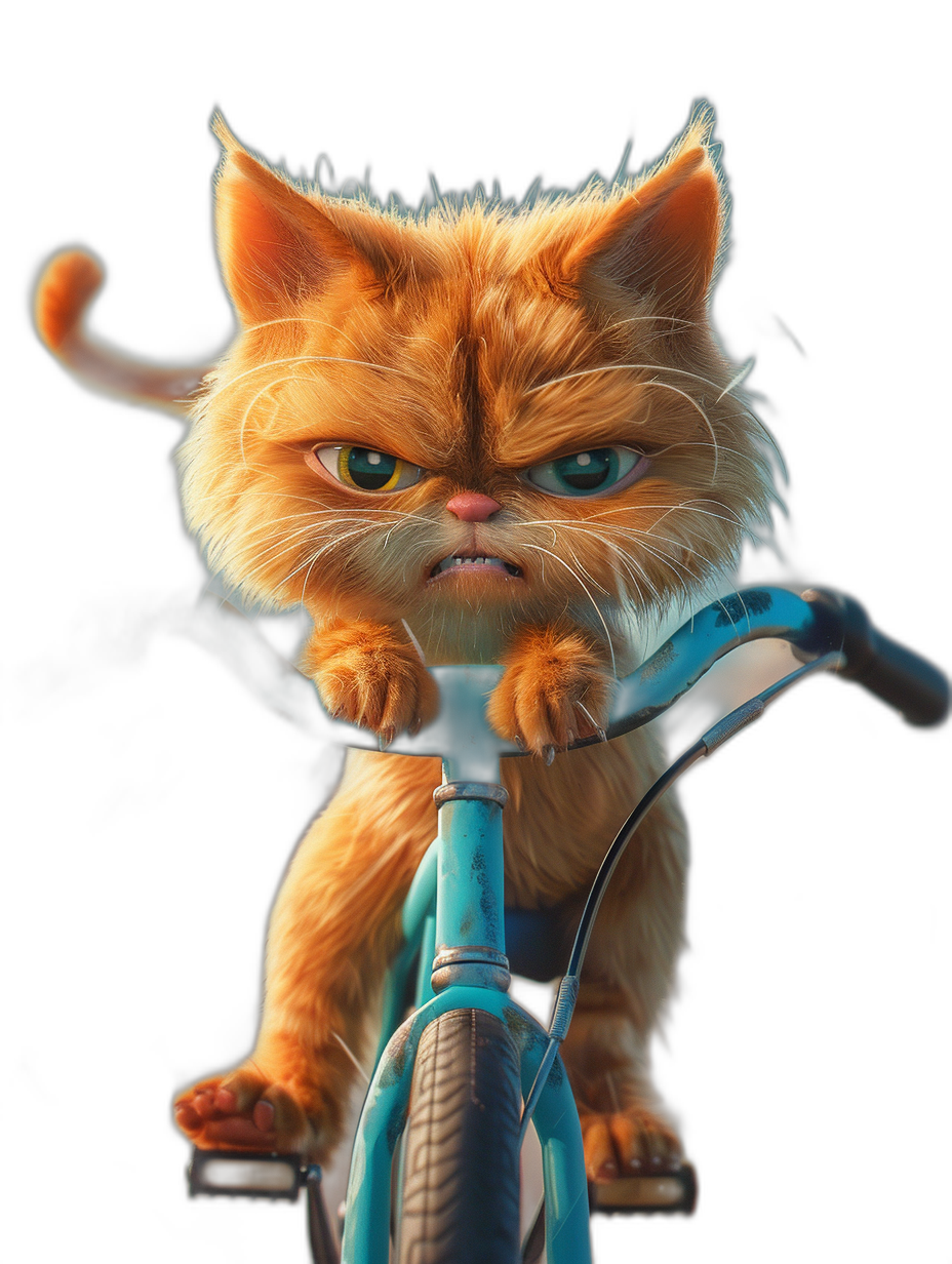 Grumpy orange cat on the bike, in the style of Pixar, cartoon character, cute and funny face with big eyes, blue bicycle, black background, high resolution, high quality, high detail, extreme details, in the style of hyper realism, cinematic lighting, octane render.