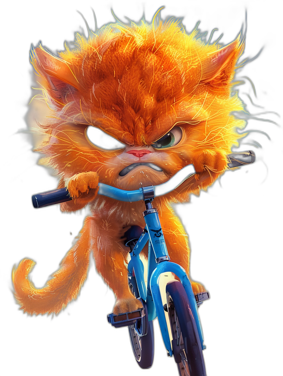 cartoon character of an orange cat with very long hair, riding a blue bike on a black background, with an angry face, highly detailed and realistic in the style of Pixar, with bright colors