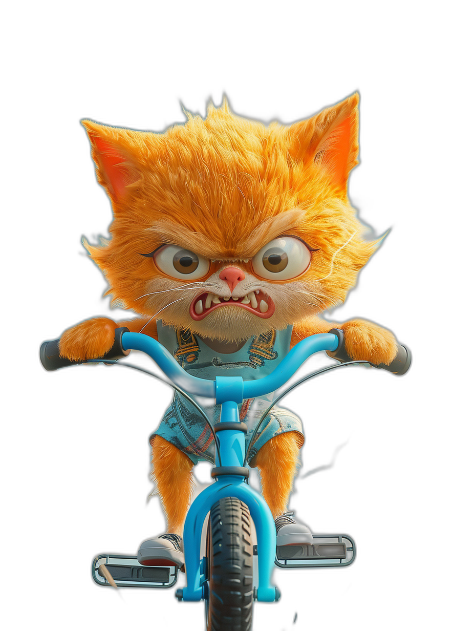 Cute fluffy orange cat with fur, wearing a blue shirt and shorts with tattoos riding on a baby bike, with an angry face, in the style of cartoon, isolated on a black background, in the pixar render style, with a 3d octane render style.